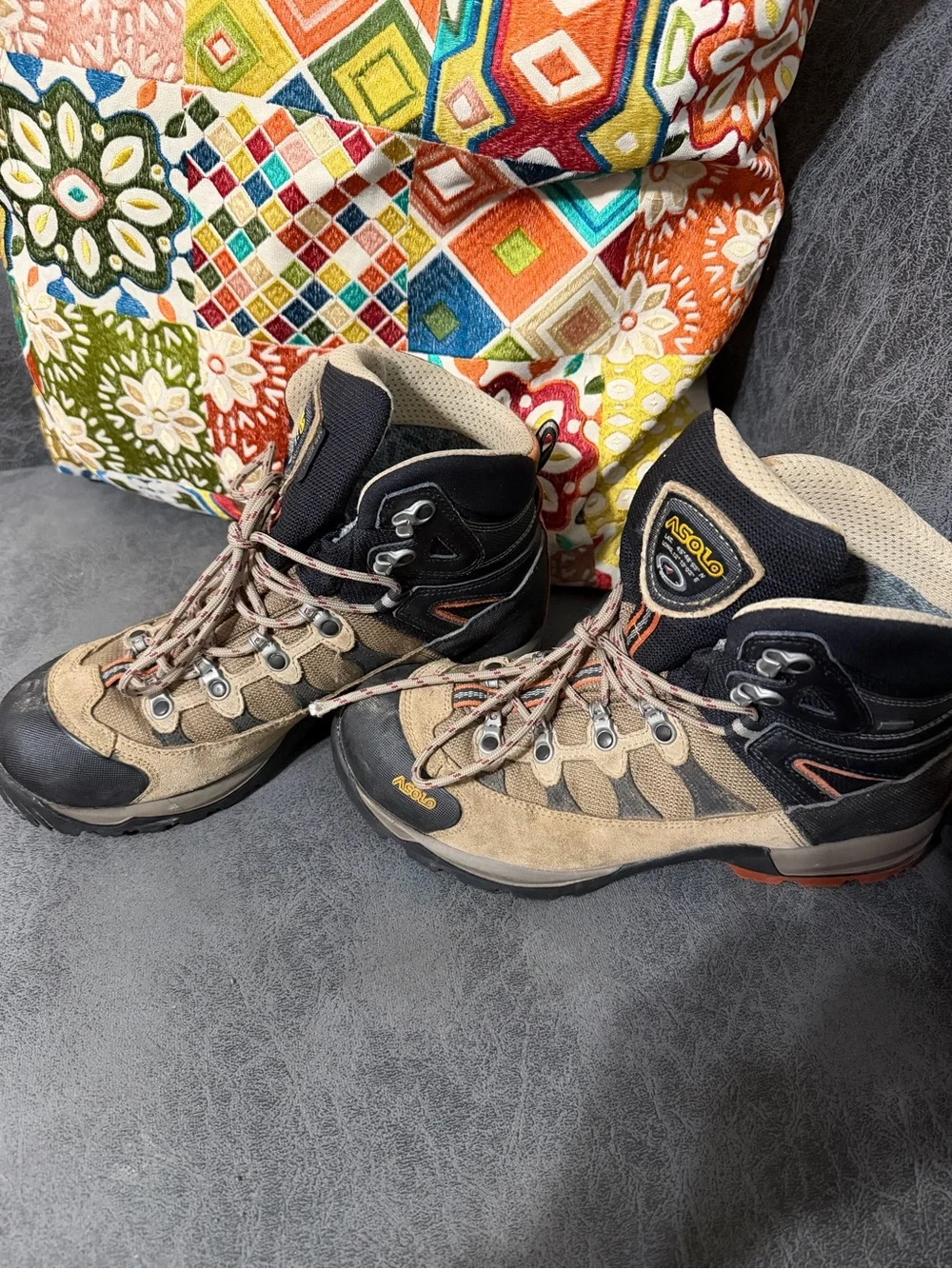 Asolo Woman’s  Tan and Black Hiking Boots with Orange Accents